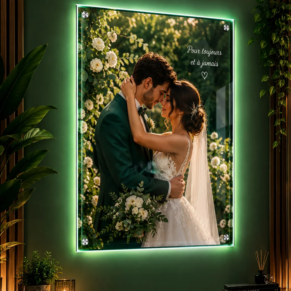 Photo de mariage sur cadre lumineux vert