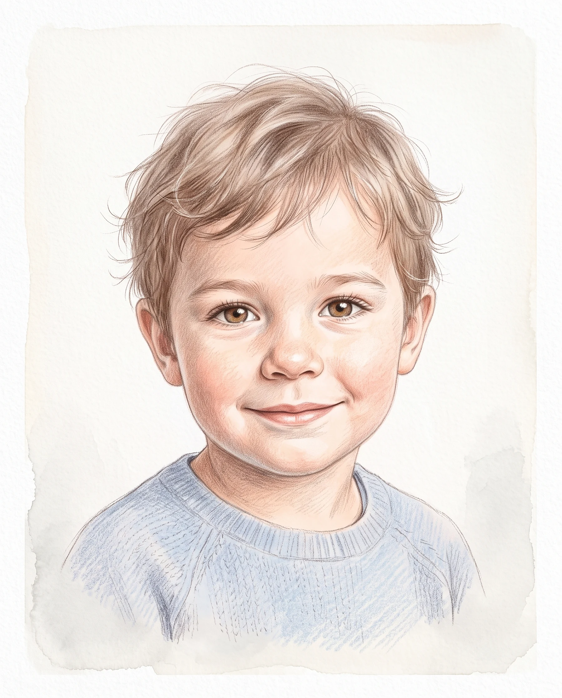 Portrait d'un petit garçon à l'aquarelle et au crayon