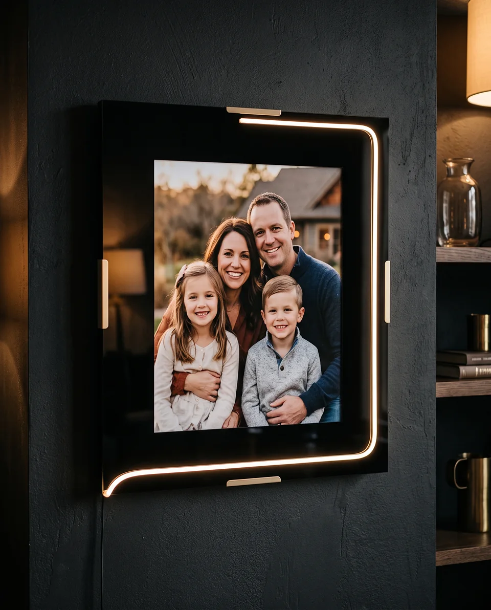 Cadre lumineux avec une ligne de lumière, photo de famille