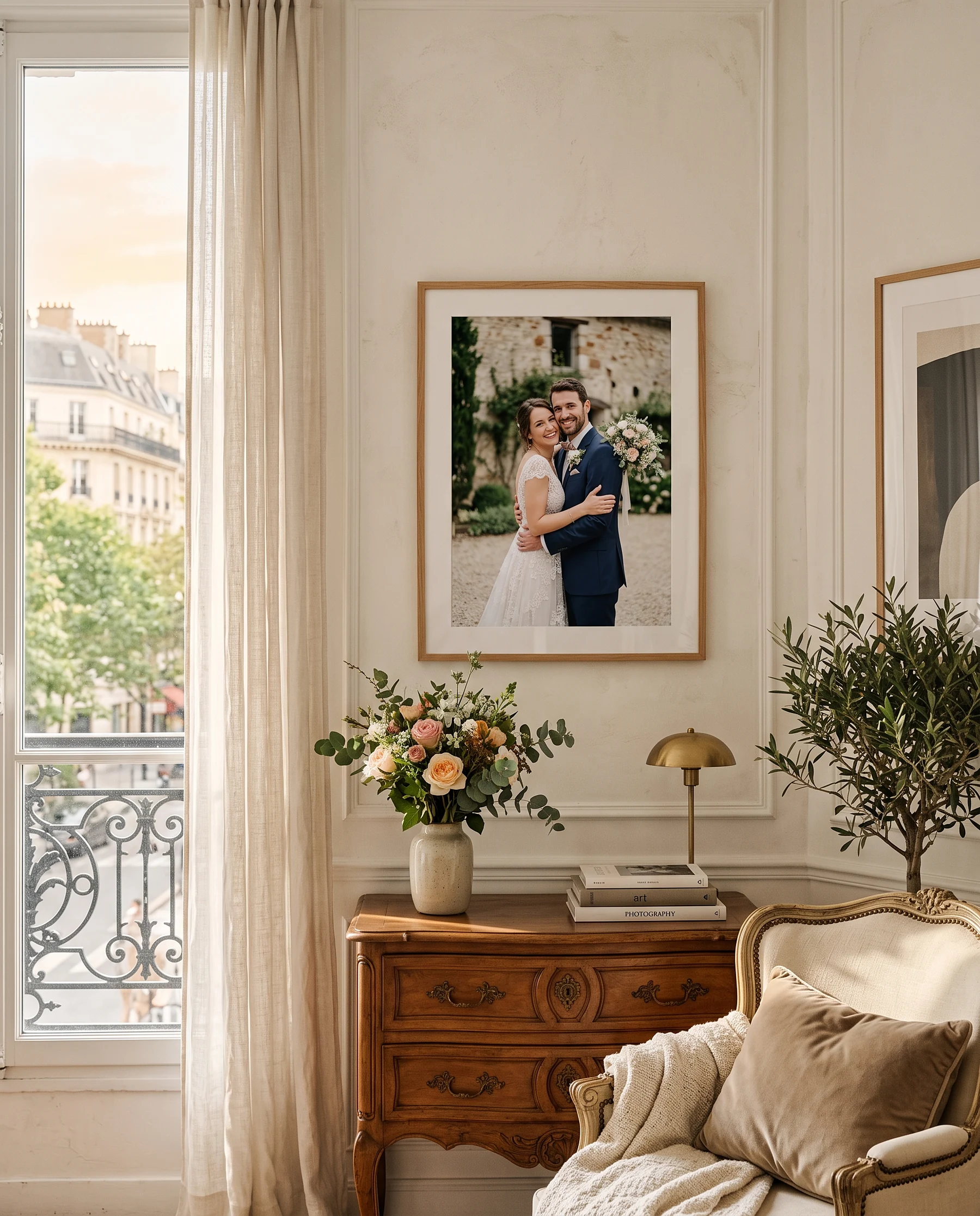 Photo de mariage encadrée dans un salon parisien, balcon et lumière du soir