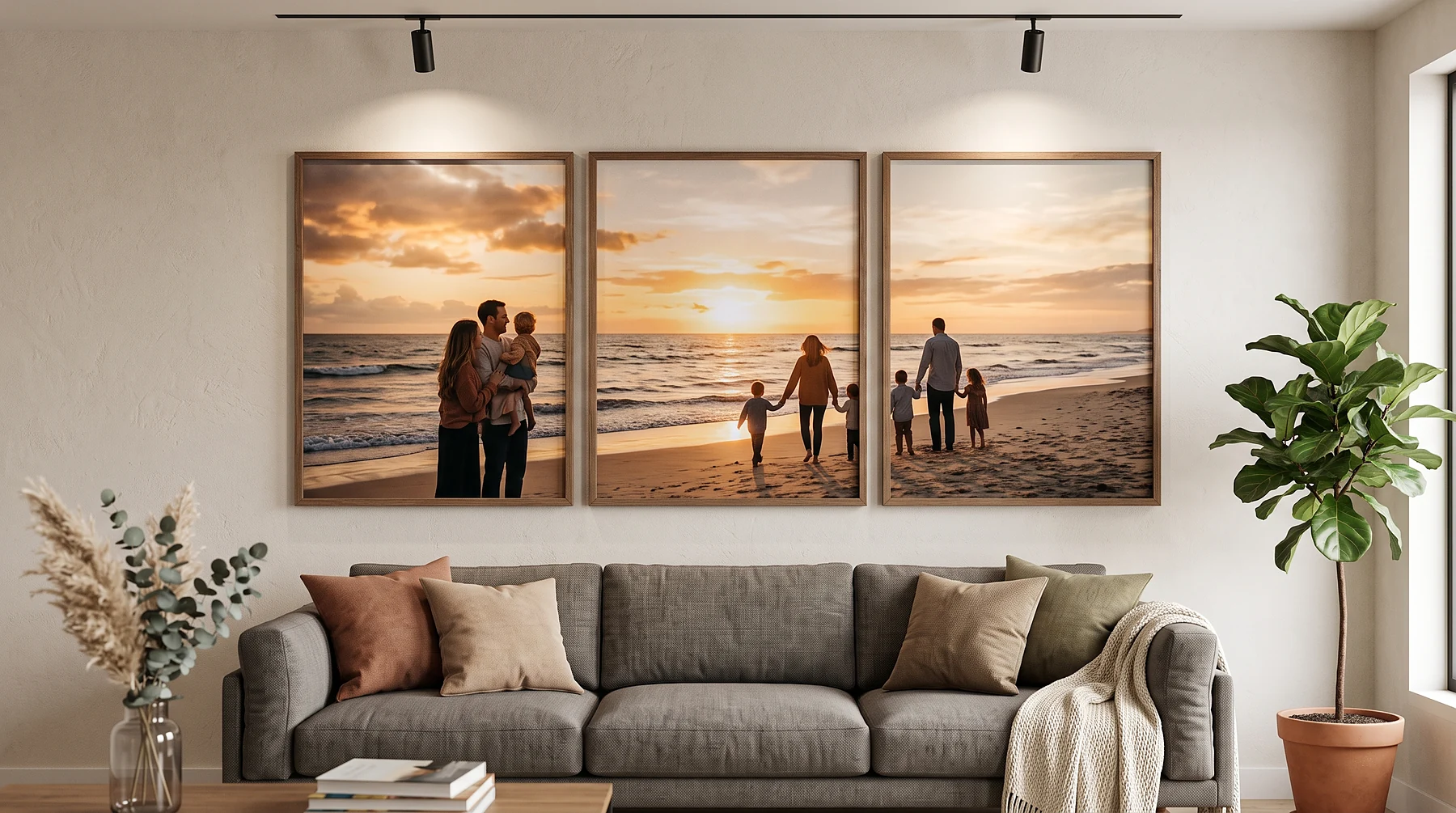 Triptyque d'une famille sur la plage, accroché au-dessus d'un canapé