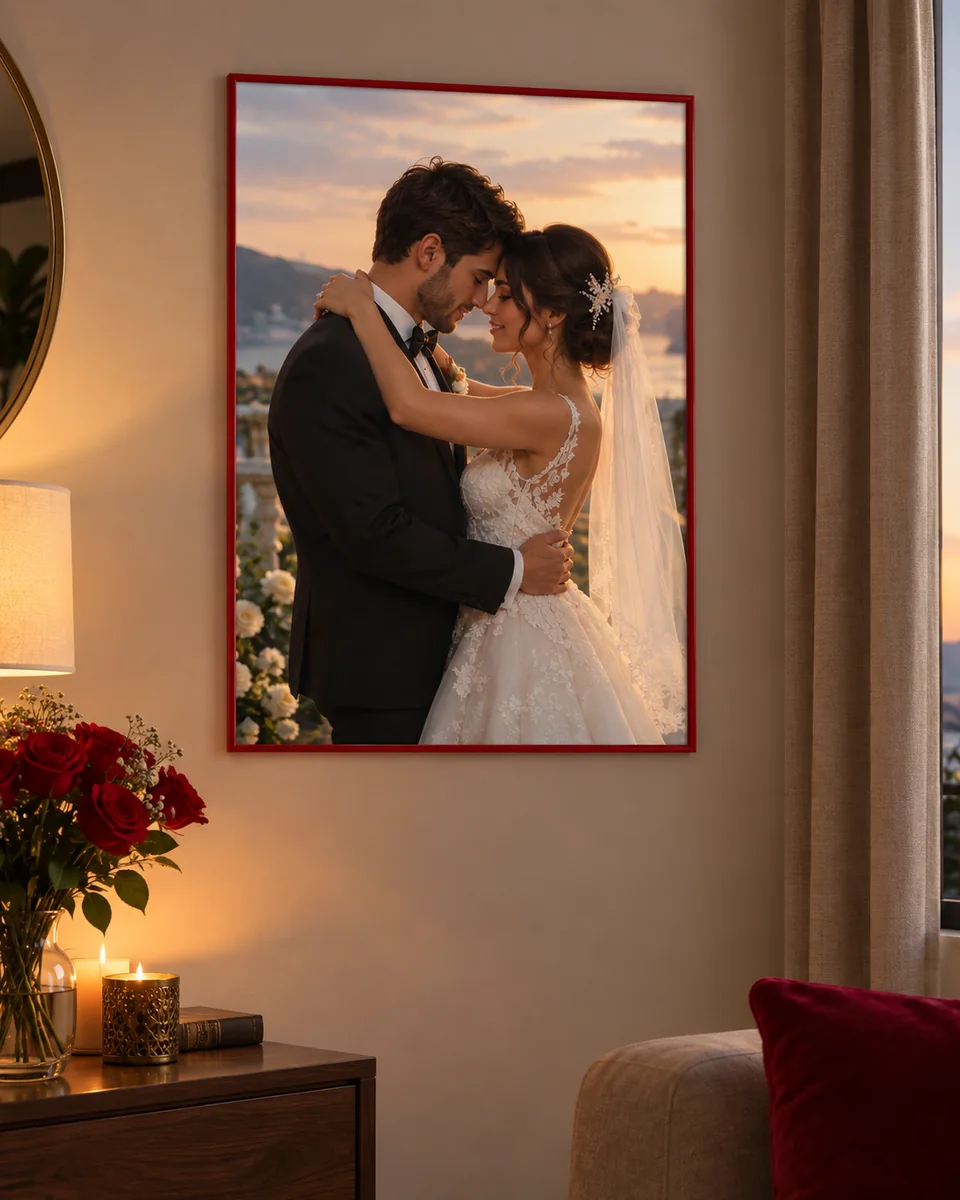 Photo de mariage encadrée dans un salon
