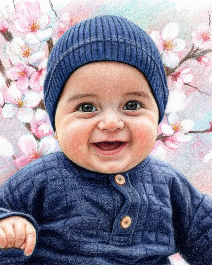 Portrait digital d'un bébé au crayon de couleur, d'après une photo de famille