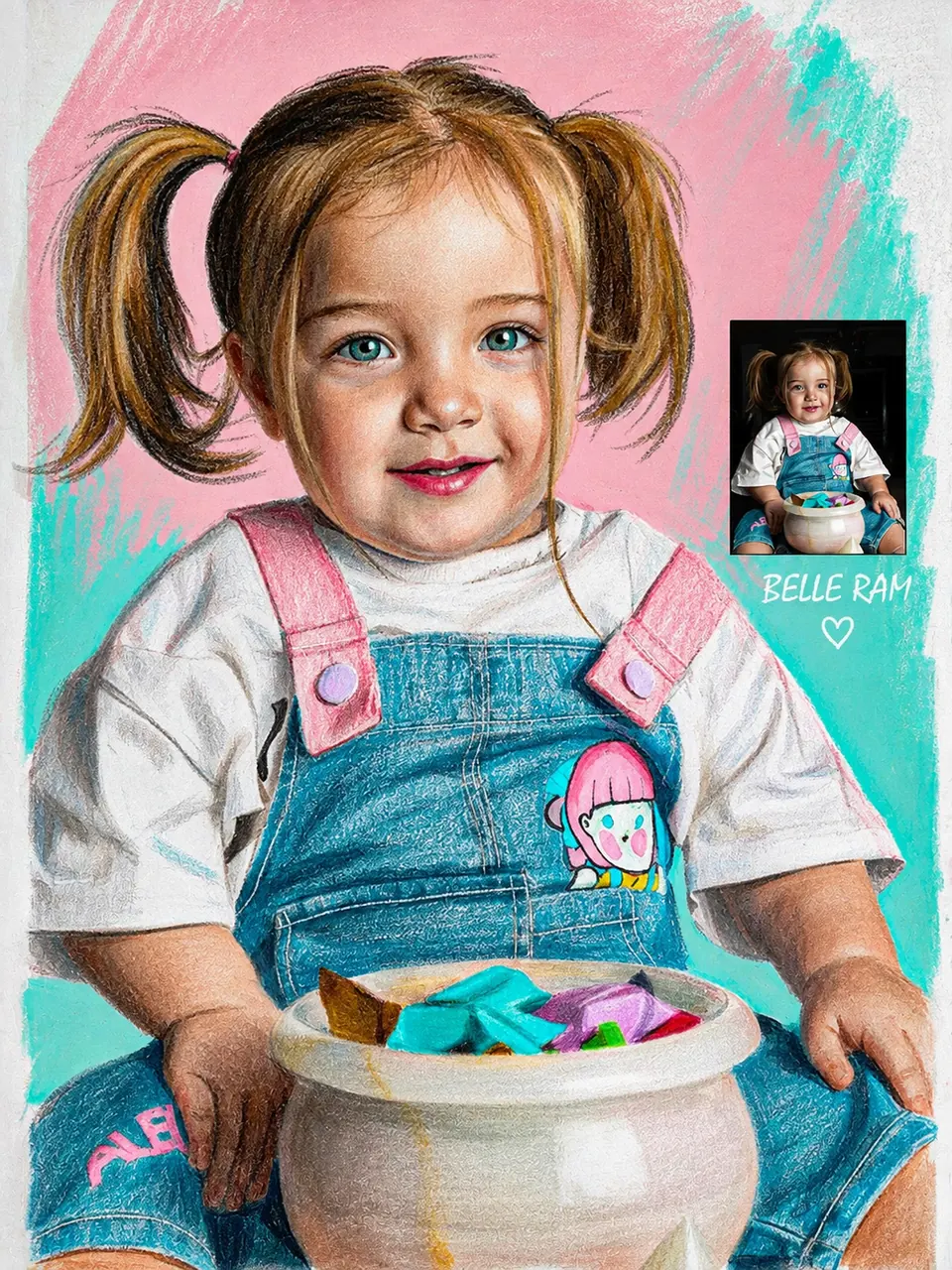 Portrait d'une fillette en crayons et pastels